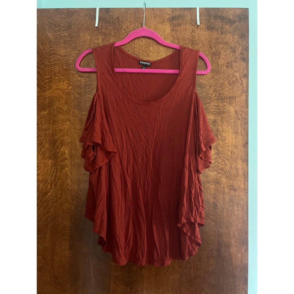 Express Cold Shoulder Top Women XL Rust Red Ruffle Sleeve Micro Modal